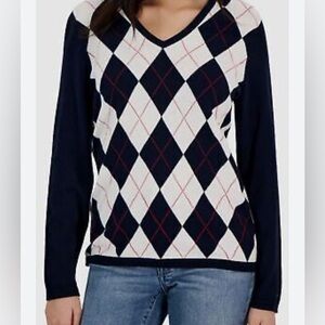 Tommy Hilfiger women’s size M argyle navy and white long sleeved v-neck top EUC